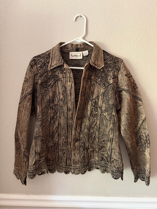 Flashback Jackets & Blazers - Women's Distressed Embroidered Denim Jacket in Black Beige Color Art to Wear